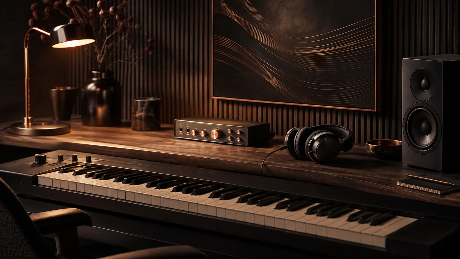 Illustration of a music workspace with a keyboard, headphones and warm copper lighting