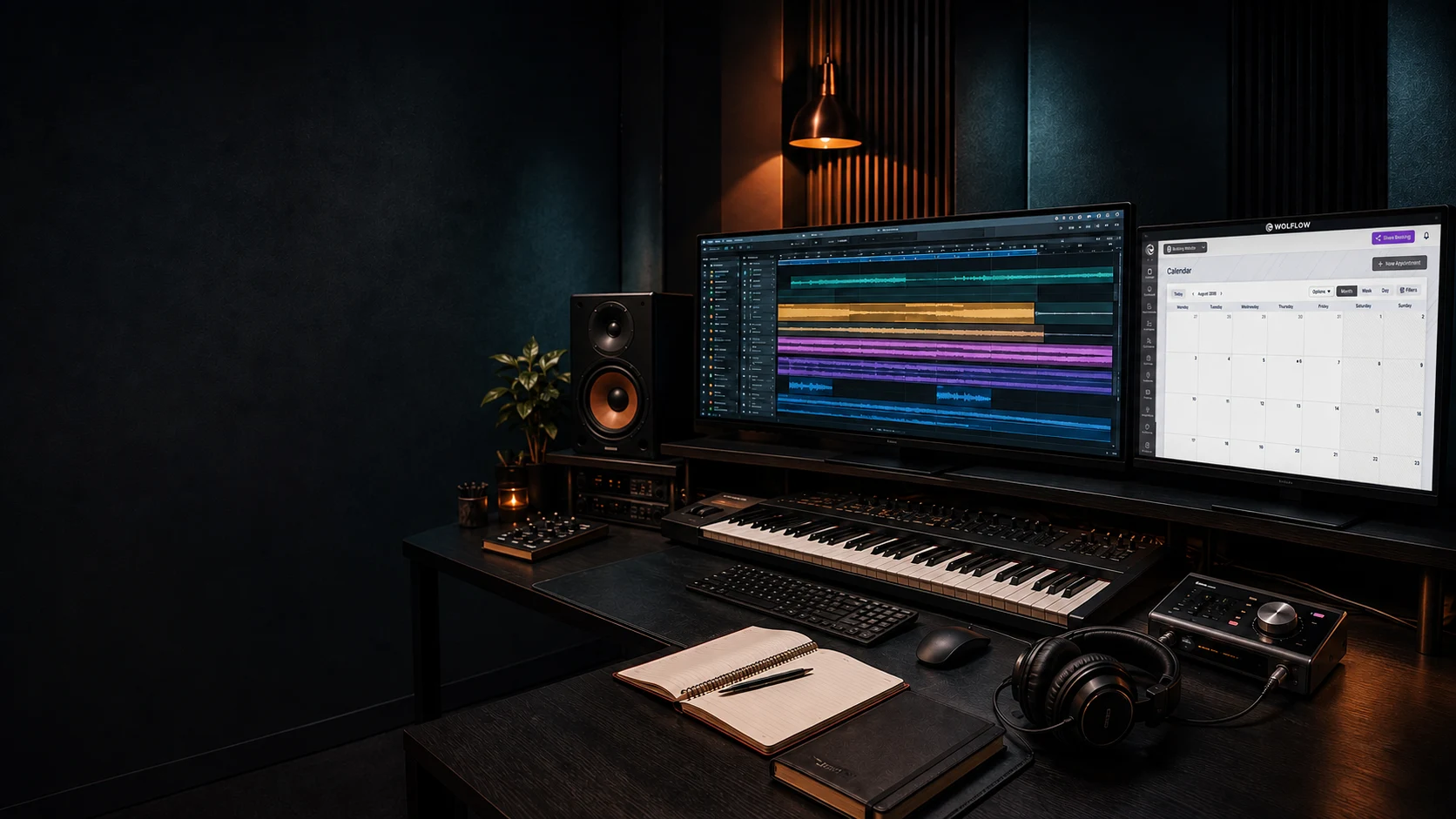 Illustrative professional studio with audio production software and the WOLFLOW scheduling interface.