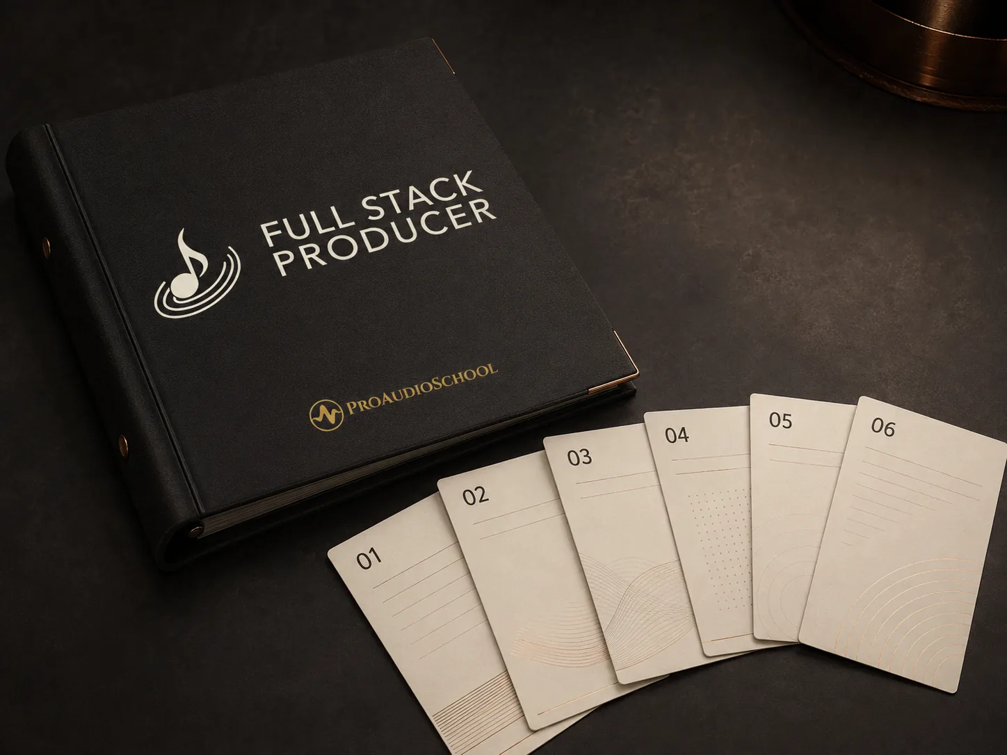 Concept illustration of the FULL STACK PRODUCER digital toolkit: a branded portfolio and six numbered working documents